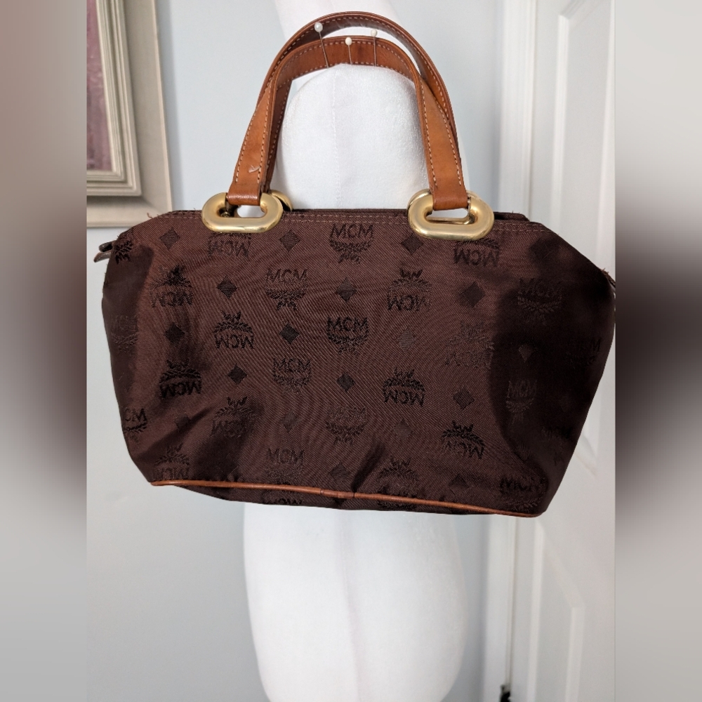 Vintage MCM Visetos Brown Monogram Boston Satchel Leather Trim